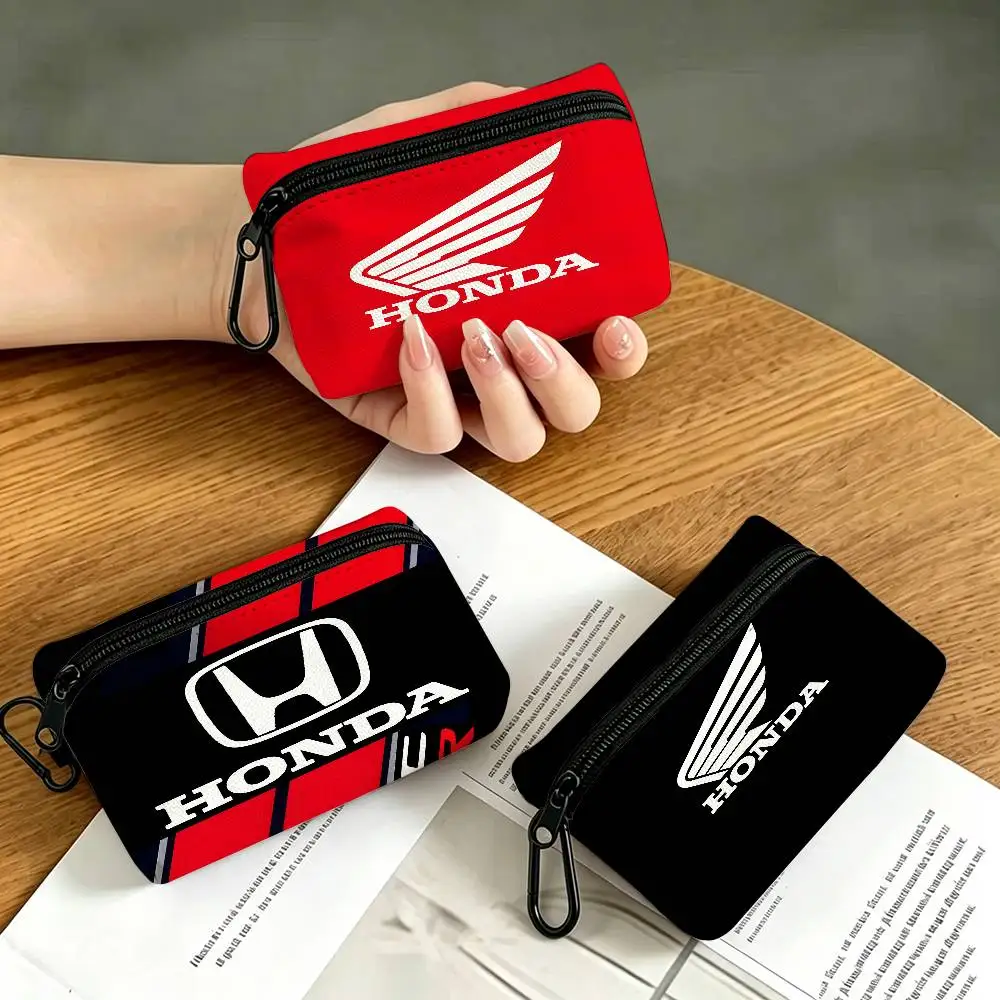H-HRC H-HONDA Motorcycle Logo Mini Hanging Oxford Cloth Coin Bag Durable Zipper Key Card Pouch With Carabiner