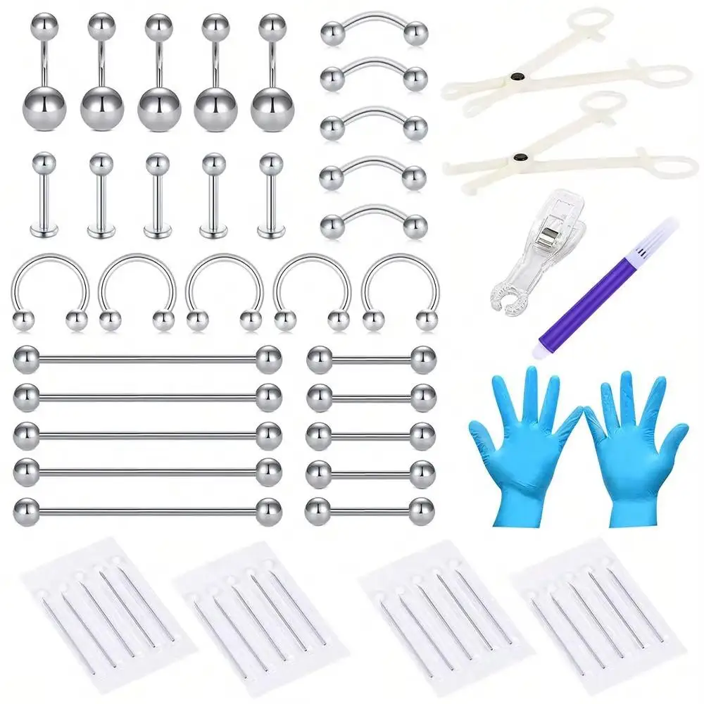 55pcs/Set Body Piercing Tools Kit 14G 16G Stainless Steel Multiple Styles Piercing Jewelry for Eyebrow Tongue Eyebrow Navel Lip