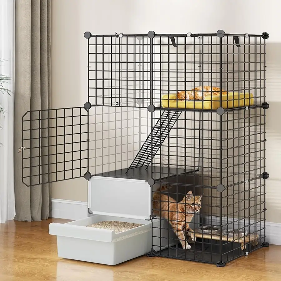 

3-Tier Cat Cage with Litter Box: DIY Cat Enclosures Indoor for 1-2 Kittens, Black