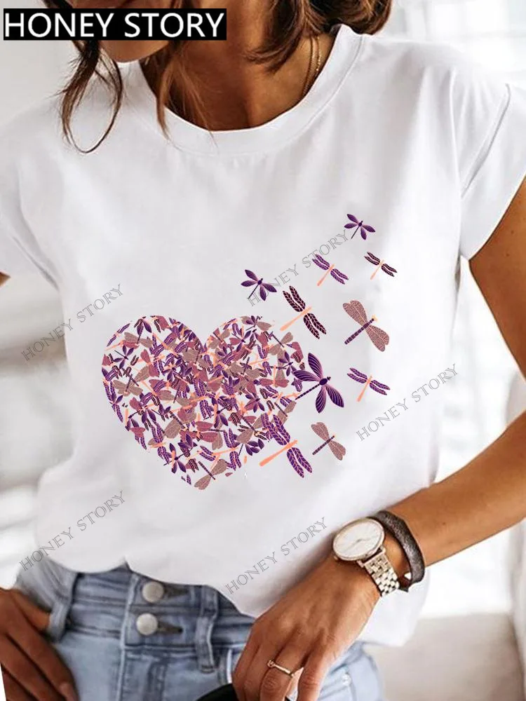 Explosivo libélula borboleta impressão base topo solto feminino de manga curta camiseta em torno do pescoço oversized t camisa roupas femininas