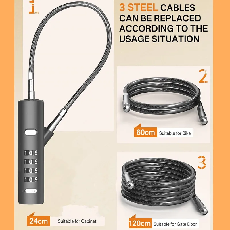 Steel Cable Combination Lock, Comes with Three Rubber-Coated Steel Wire Rope Combination Padlocks, Replaceable Ropes Available in Three Lengths