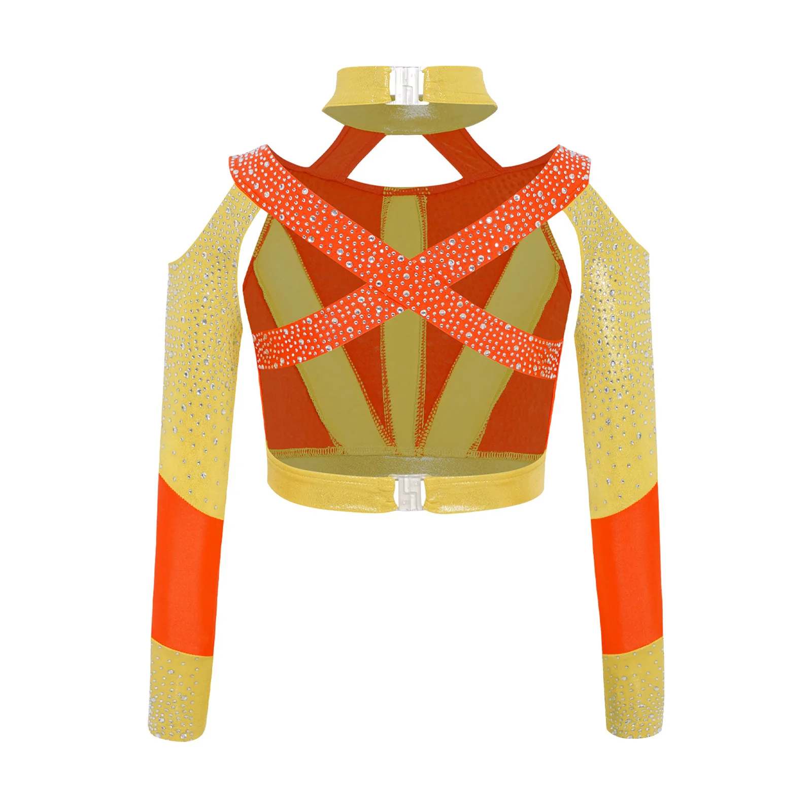 Kinder Mädchen Akrobatik Gymnastik Tanz Top Glänzende Strasssteine Farbblock Kreuzrückenausschnitt Langarm Crop Tops Bauchtanzkleidung