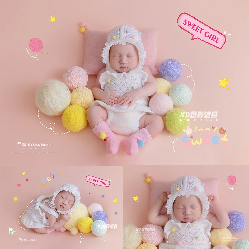 

Sweet Pink Newborn Photography Props White Lace Romper, Bonnet & Socks Set Yarn Ball Scene Props Cute Baby Photoshoot Costumes
