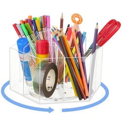 Acrylic Pen Holder Pencil Holder 360-Degree Rotating Organizer For Crayons Makeup Brushes Large Capacity Desk Caddy Organizer