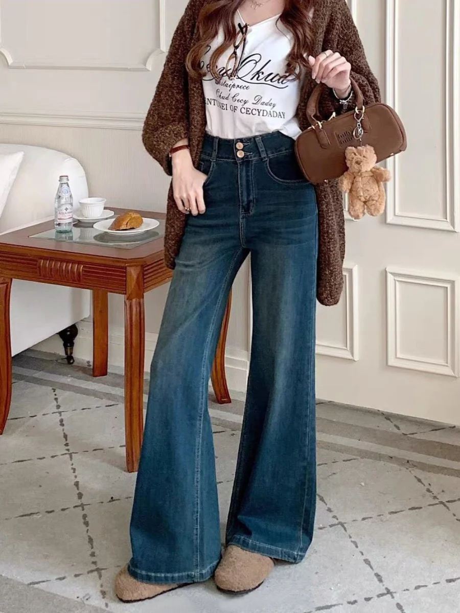 Fashionable High-Waisted Wide-Leg Denim Jeans Women's Loose Drapey Straight Cut Floor-Length Pants Double-Buckle Elastic Stre...