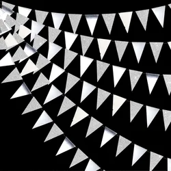 10Ft Silver Birthday Party Banner Decorations Paper Triangle Banner Flag Garland Pennant Bunting for Graduation Party Supplies