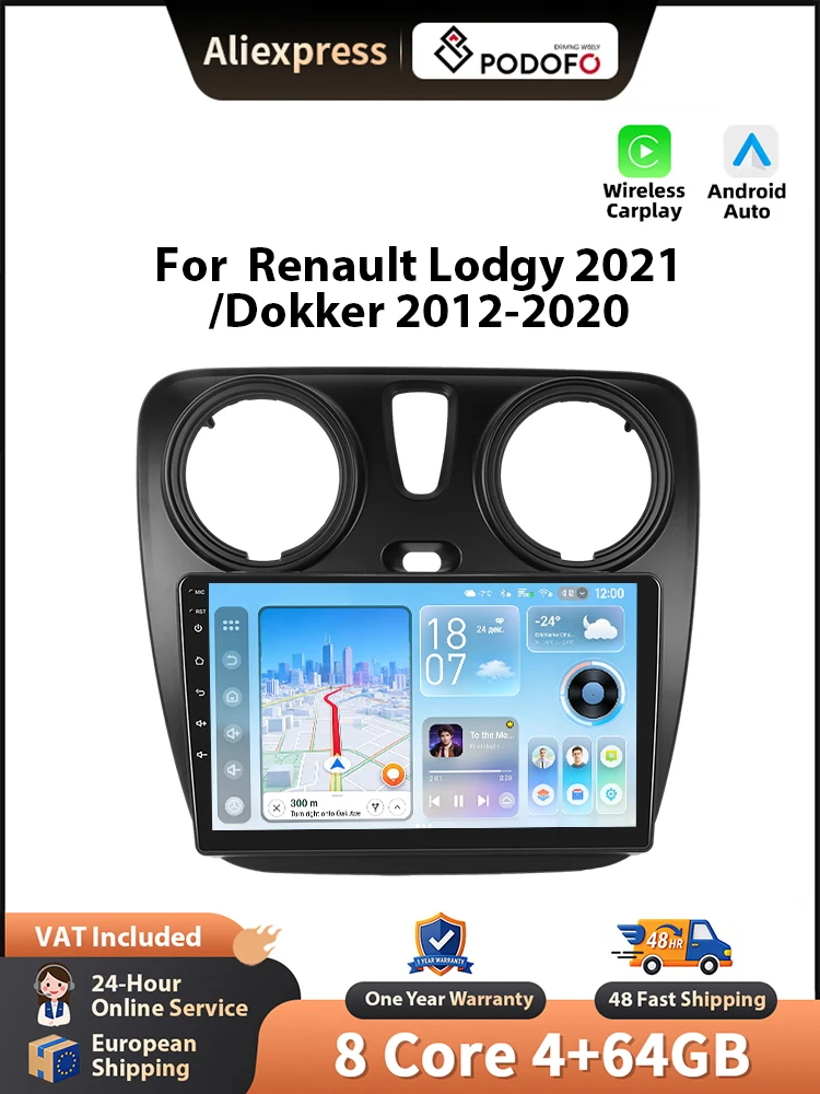 Podofo Android Autoradio für Renault Lodgy 2021/Dokker 2012-2020 Wireless CarPlay GPS WIFI FM/RDS Head Unit 2din BT Auto Stereoanlage