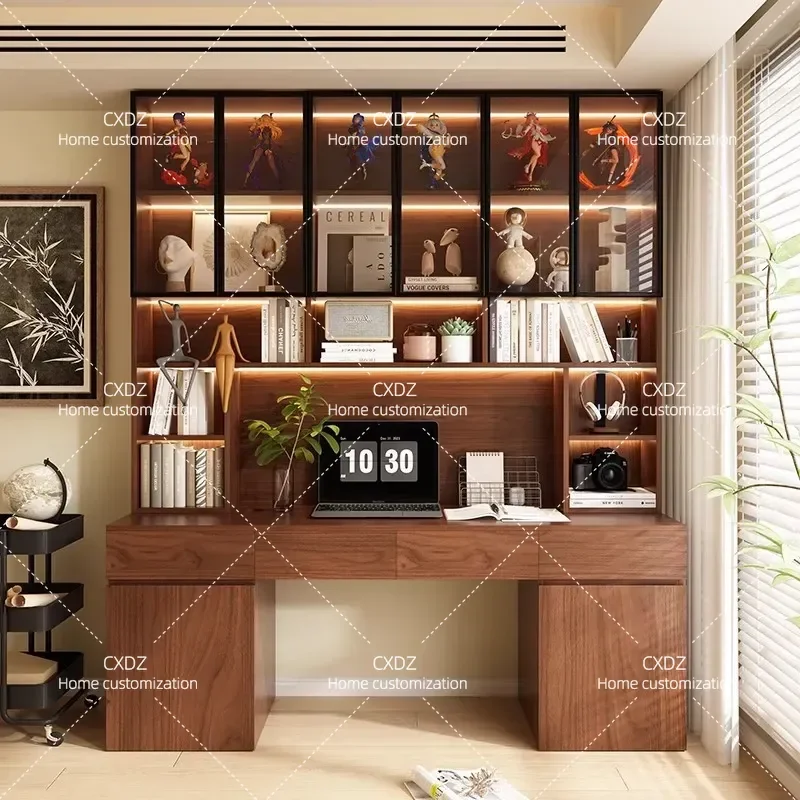 Solid Wood Oak Glass Bookshelf Integrated Bookcase Walnut Computer Desk for Small Apartment Learning Study Table Home Office