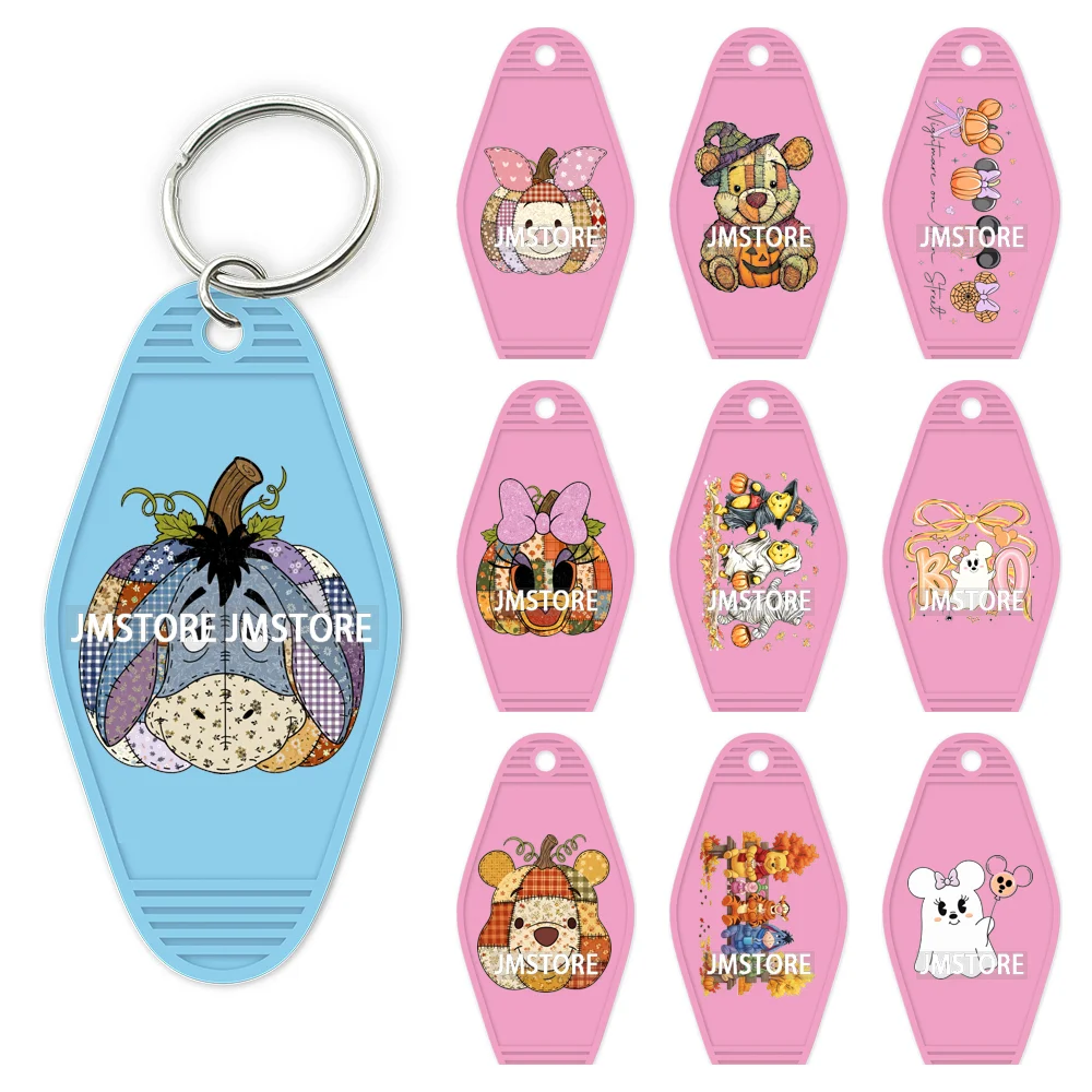 

Мультяшный медведь, тыква, осень, Хэллоуин, УФ- DTF, брелок для ключей с мотором, готовые к нанесению, высококачественные наклейки на брелок для отелей на заказ