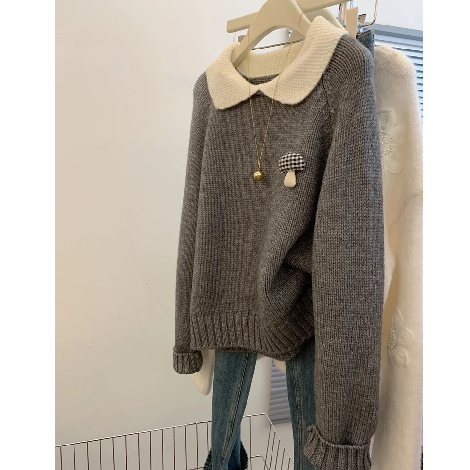 Doll Neck Contrast Color Loose Pullover Sweater for Women with Lazy Style High-end Feel Thickened Base and Inner Wear