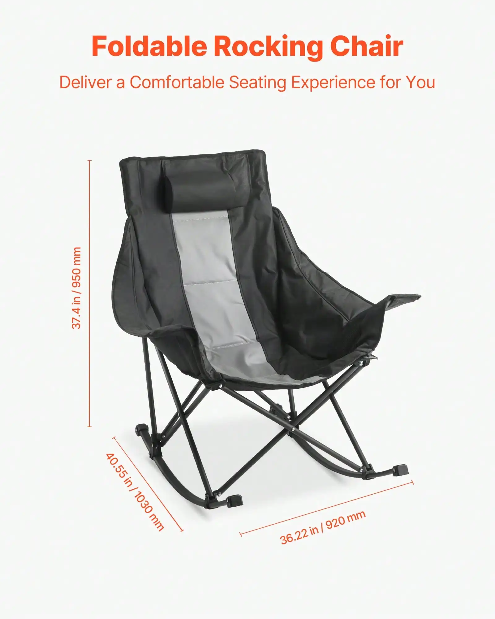 Rocking Camping Chair, Portable Folding Rocker, Heavy-Duty Lawn Chair Recliner With Cupholder & Pocket, Supports 225lbs, Fully Padded Camp Chairs For Outdoor Patio Backyard Porch Garden
