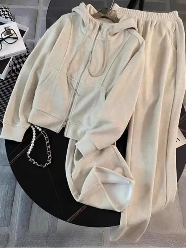 

Women's Fleece-lined Casual Running Suit Two-piece Set Spring Autumn Winter Fashionable Hoodie Long Pants Zipper Design