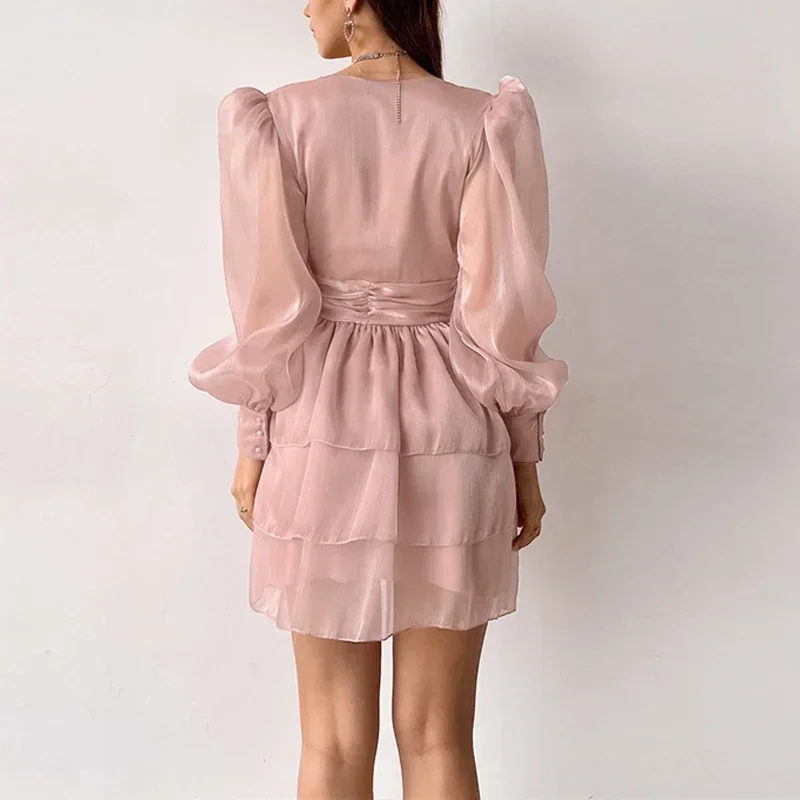 2023 Autumn Winter New Lady Bubble Sleeve Dress Women V-Neck Commuter Ruched A-Line Dress Chic Temperament Pleated Mini Dresses