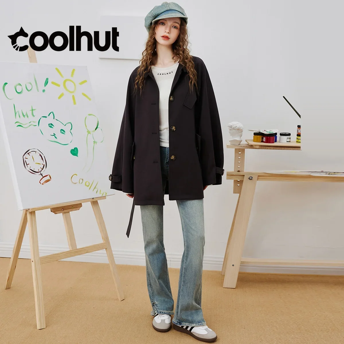 Cooler nova chegada feminina 2025 trench coat com cinto cintura meados de comprimento gola mangas raglan elegante outono outerwear