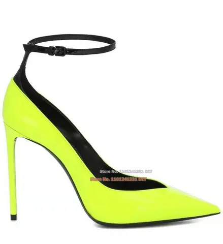 Tacchi alti sottili in pelle verniciata verde neon Décolleté da donna con punta a punta e scarpe eleganti con tacco