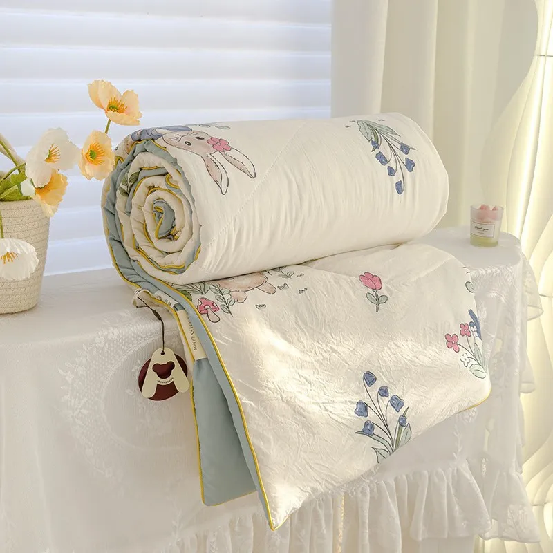 Summer Quilt Floral Print Reactive-Dyed Double-Layer Gauze Lightweight Quilt for Air Conditioner Comforter Single Double Bed