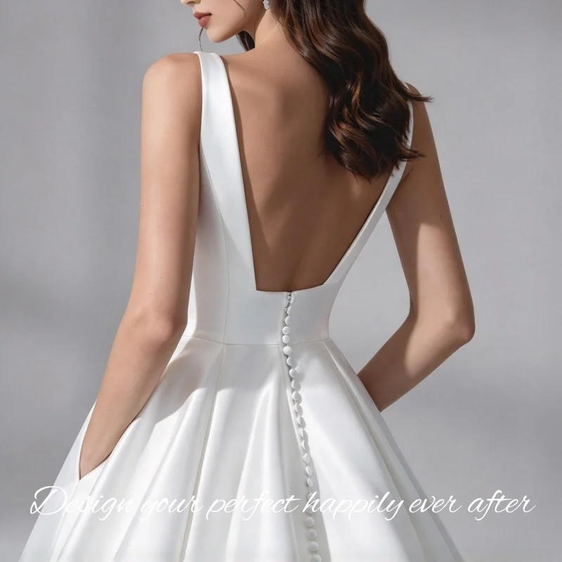 Square Neck Satin Wedding Dress A-line Backless Button Floor Length Vestidos De Novia Customized