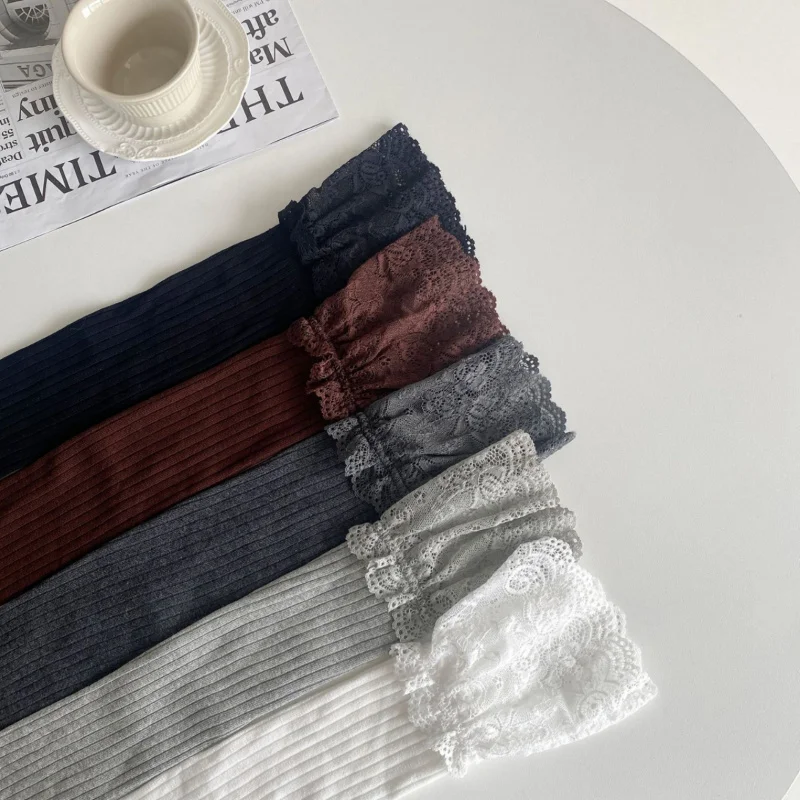 

Осенне-зимние носки выше колена в вертикальную полоску для женщин, носки-ботинки в японском стиле, милая девушка, Лолита, лоскутная кружевная отделка, высокие