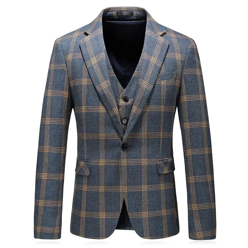 3 Piece Men\'s Suits Check Plaid Suit Single Breasted One Button Jackets Formal Dress Party Prom Casual Tuxedo Suits for Men