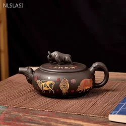 1PCS Yixing Purple Clay Teapot Zodiac Ox Pixiu Tea Pot Home Kung Fu Tea Set Water Control Color Changing Phoenix Singing Pot
