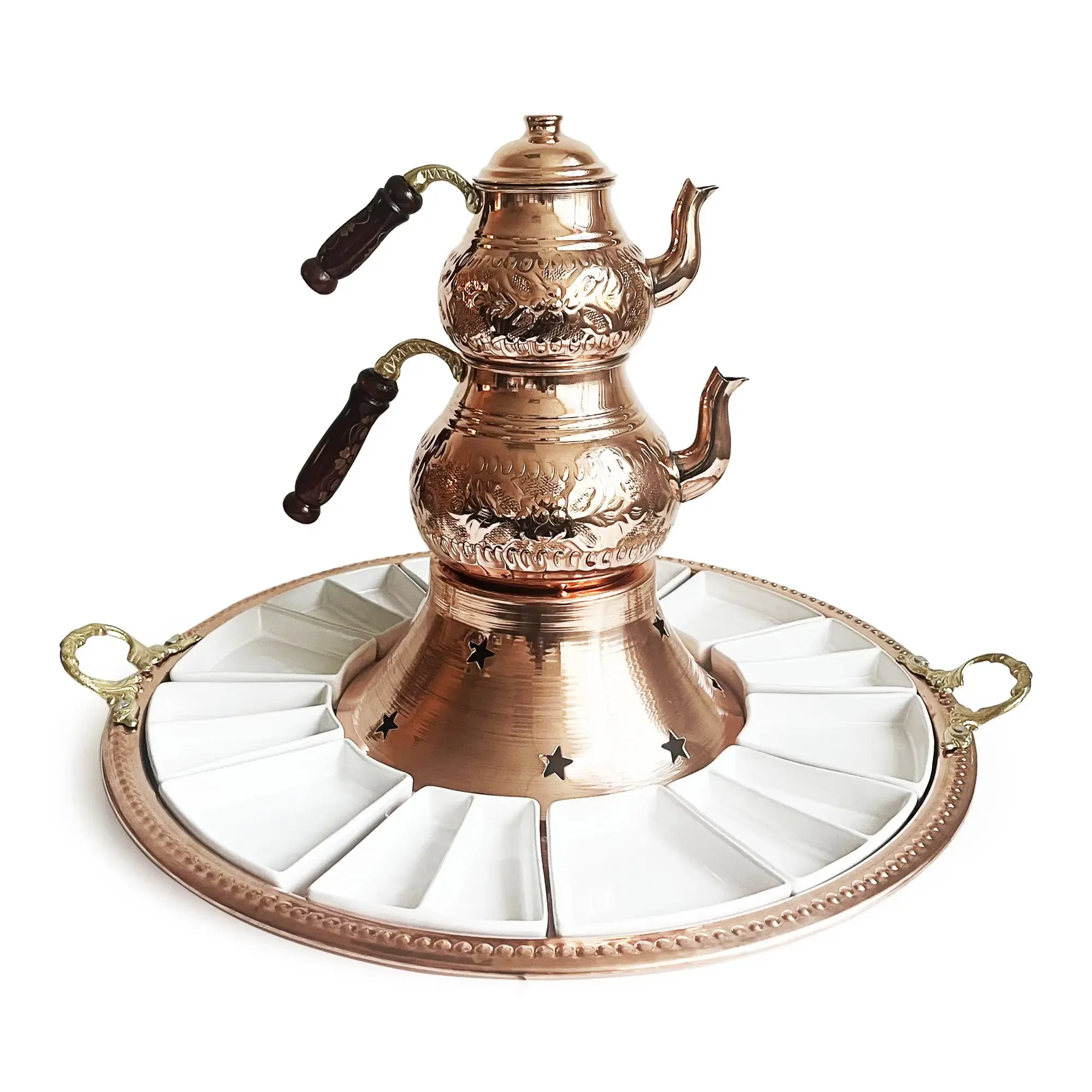 Handmade Copper Turkish Breakfast Set With Hand Carved Teapot Set, Burner and Porcelain Mini Plates, Stovetop Tea Kettle