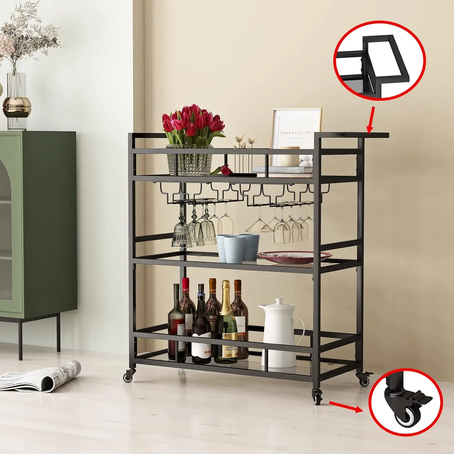 Black Metal Bar Carts with 3 Tier Glass Shelves Rolling Serving Cart with Wine Rack and Glass Holder on Wheels for Kitchen