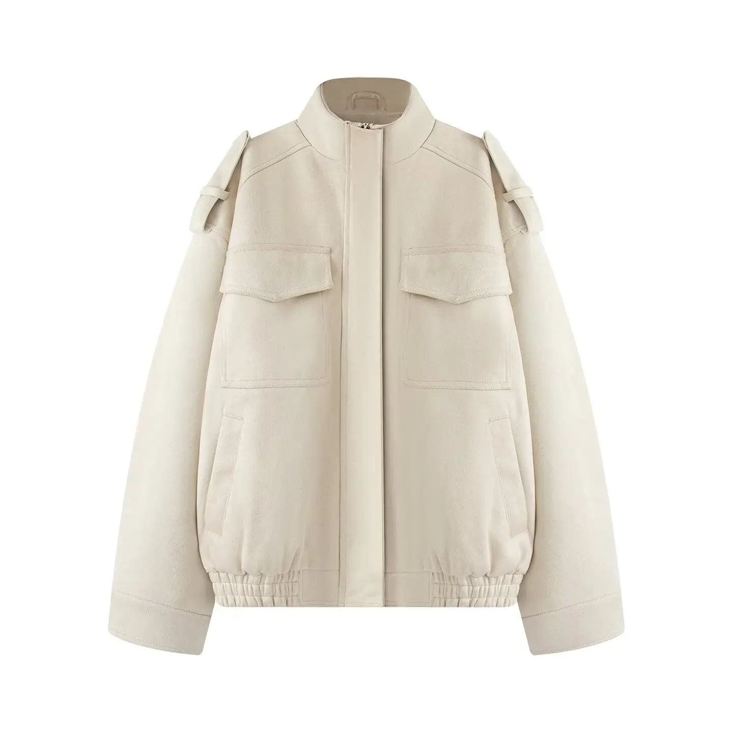 JNLEAOG Jesienna Nowa Damska Modna Uniwersalna Kurtka Ozdobiona Sztuczną Skórą, Długi Rękaw, Zapinana na Zamek, Wykonana z Włókna Poliestrowego