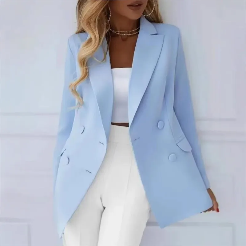 موضة جديدة لربيع وخريف 2025 بدلة ترفيهية بأكمام طويلة مزدوجة الصدر وطية صدر صلبة ملابس نسائية احترافية للتنقل