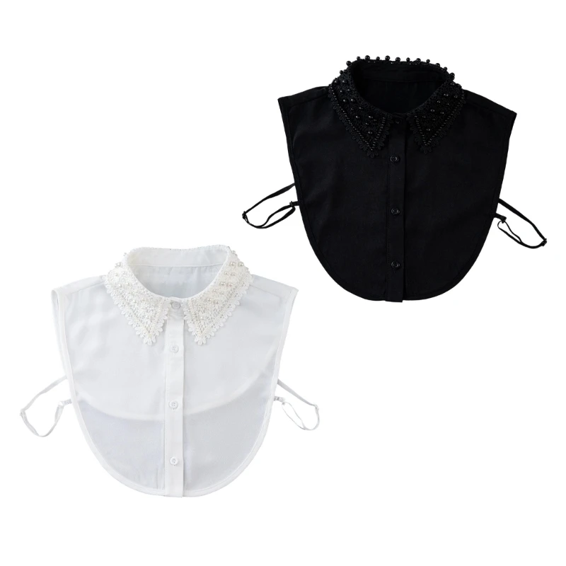 HX6F Beaded Lace Detachable Collar Artificial Pearls Beadwork Comfortable False Collar