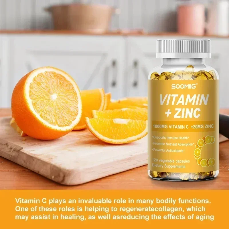 Vitamin C + Zinc, 1000 mg Vitamin C and 20 mg Zinc, Immune Support Dietary Supplement, Improves Nutrient Absorption, Antioxidant