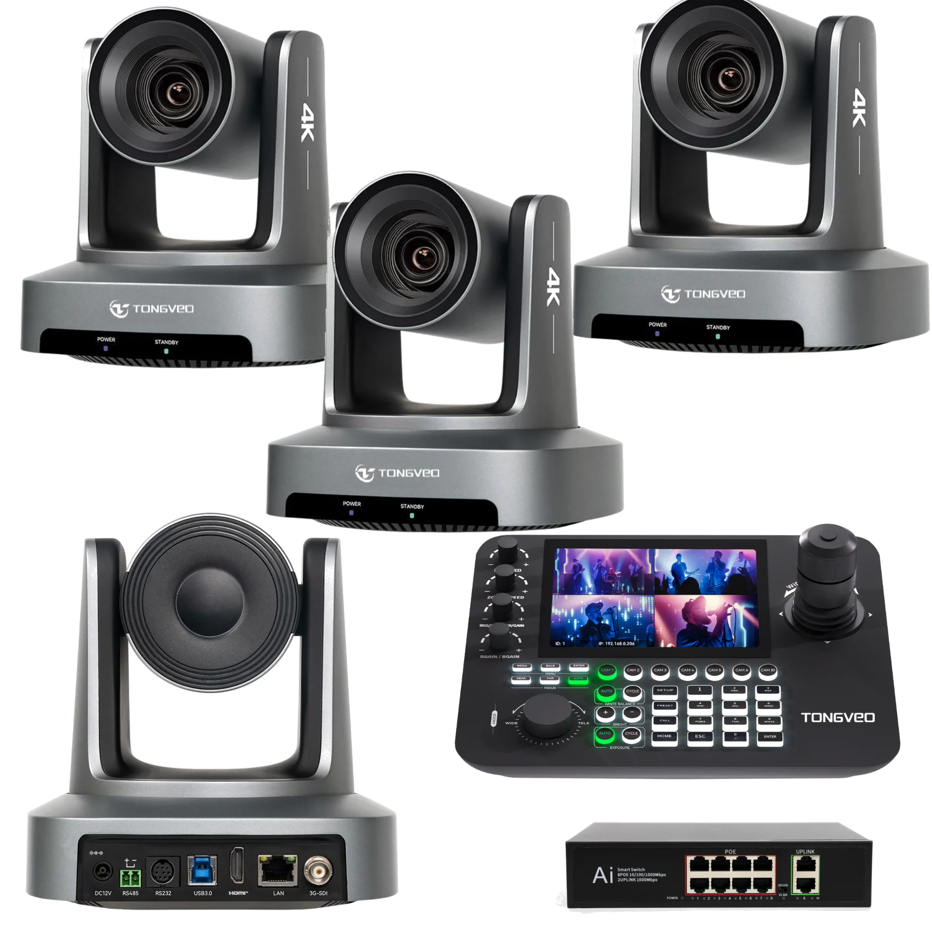 TONGVEO 4pcs 4K 20X Zoom PTZ Camera with AI Auto Tracking Bundle PTZ Joystick Controller Video Mixer POE Switch Live Streaming