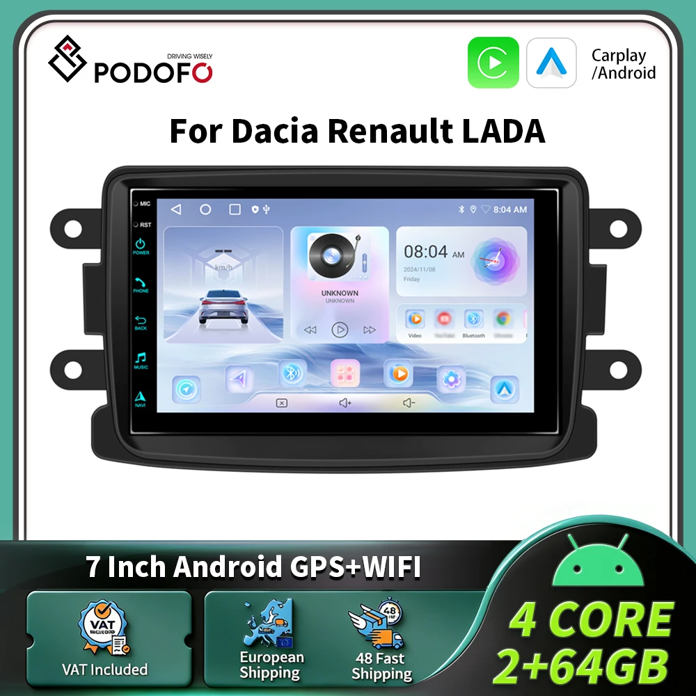 Podofo 7-Zoll-Autoradio Carplay Android Auto Smart Car Systems 2DIN GPS-Navigation Multimedia-Player WIFI FM BT Stereo für Dacia Renault LADA