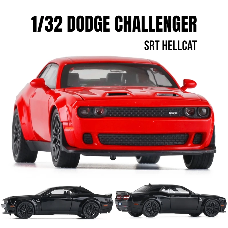 1/32 hadiah mobil mainan Dodge Challenger SRT Hellcat Model Diecast miniatur logam 1:32 Sound & Light kendaraan koleksi untuk anak laki-laki