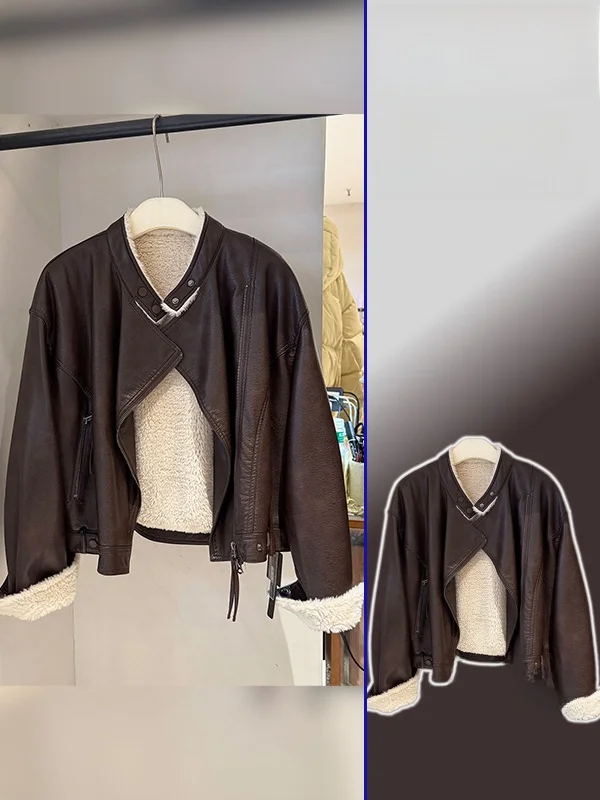 

plus Size Warmth-Filled Fleece Lined Zipper Motorcycle Jacket Vintage Style Stand Collar Loose Fit Women's Winter Outerwear
