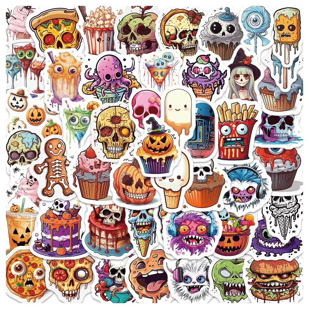 Halloween Food Stickers for Children, Horror Graffiti Stickers, Vintage Scratch Sticker, Scrapbooking Material, 50Pcs