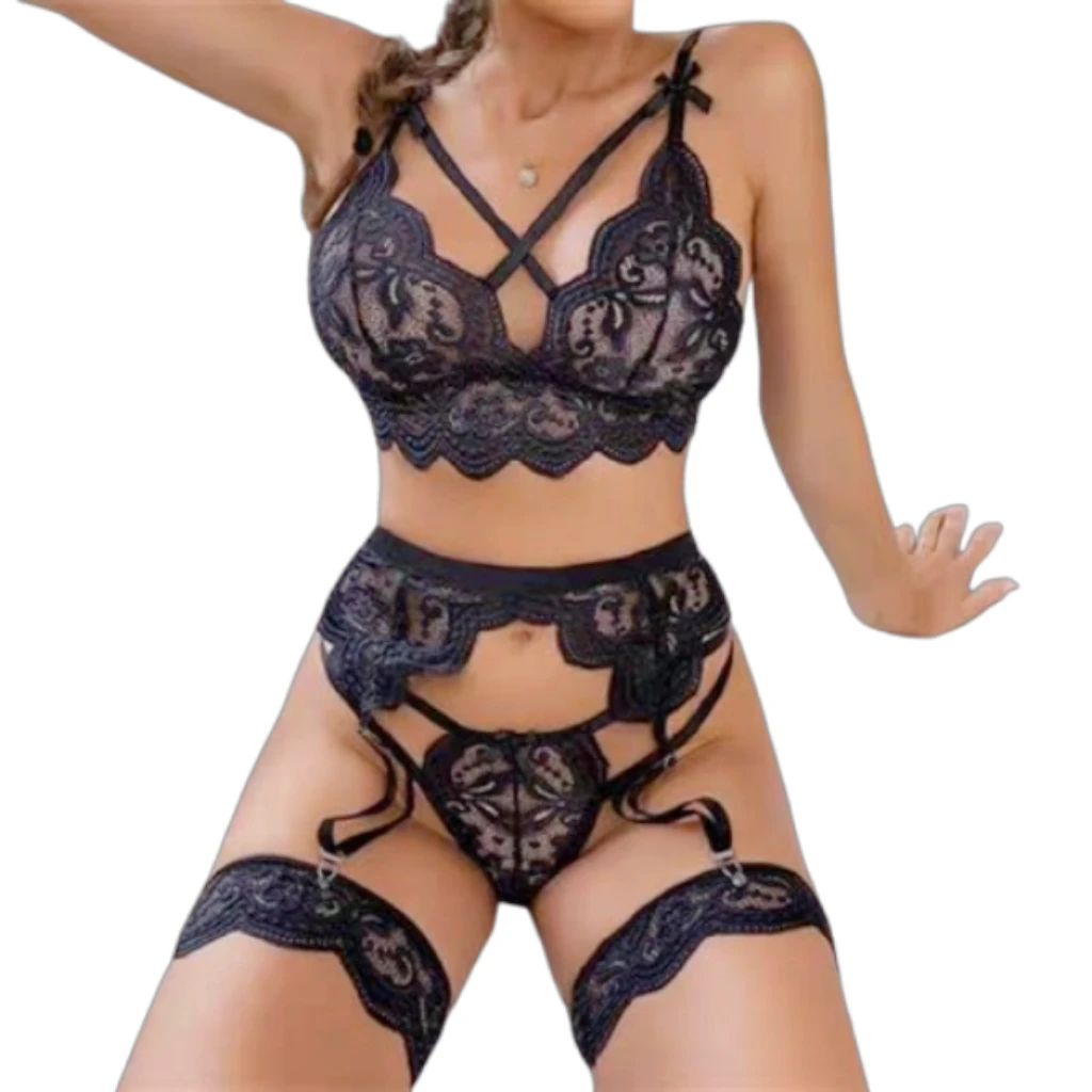 3pcs Sexy See through Lingerie Set Women's Bra And Panty Garters Underwear Female Costumes Transparent Sexy Women's Set