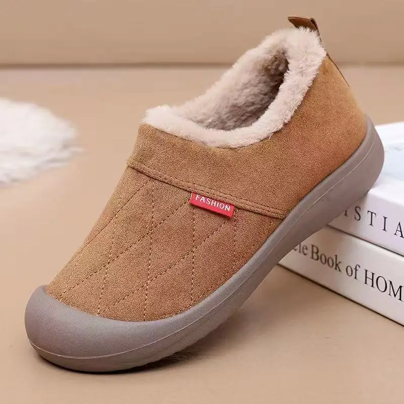 

Winter New Women Low Top Big Size Flat Sole Cotton Shoe Soft Sole Non Slip Round Toe Slip On Plush Keep Warm Elderly Cotton Shoe