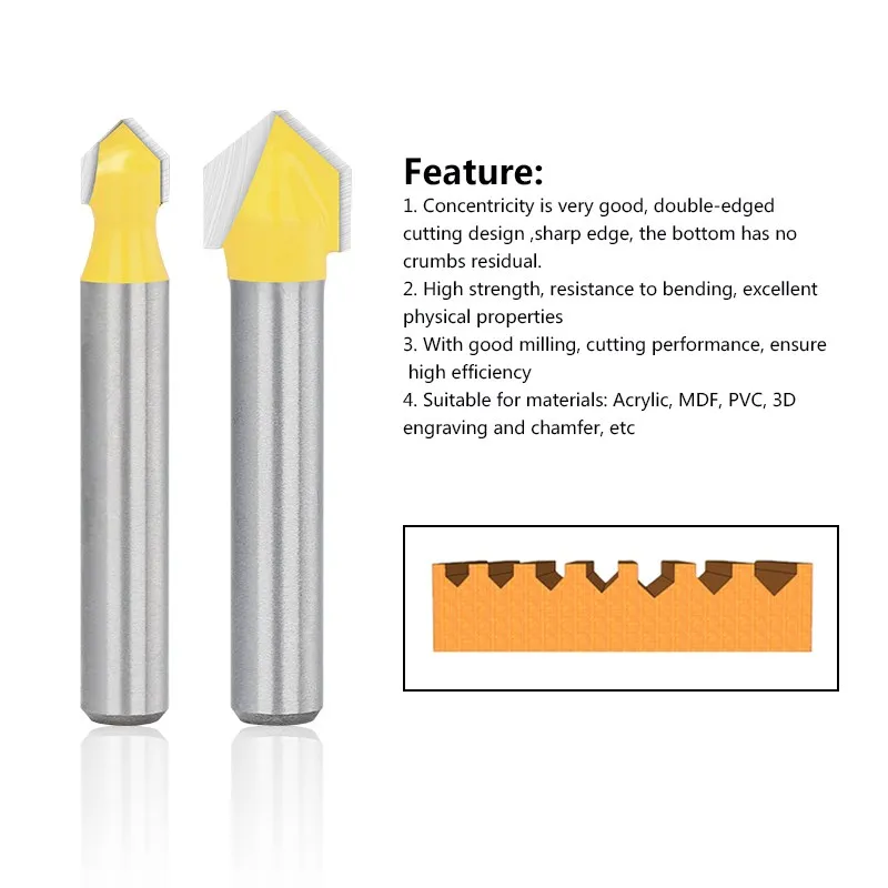 1/4 Shank V Slot Router Bit 90/60 Degrees 3D CNC Solid Carbide Milling Cutter For Wood MDF Engraving Woodworking Tools