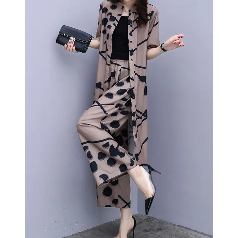 Vintage Fashion Female Single-breasted Cardigan Top Half Sleeve Printed Two Piece Set Casual Wide Leg Pants Sets Womens Clothing