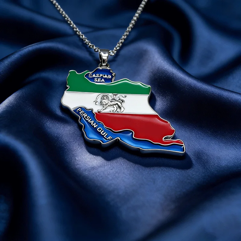 Elegant Silver Plated Iran Map Historical Flag Lion Pendant Necklace Clavicle Chain For Men Women Memorial Gift