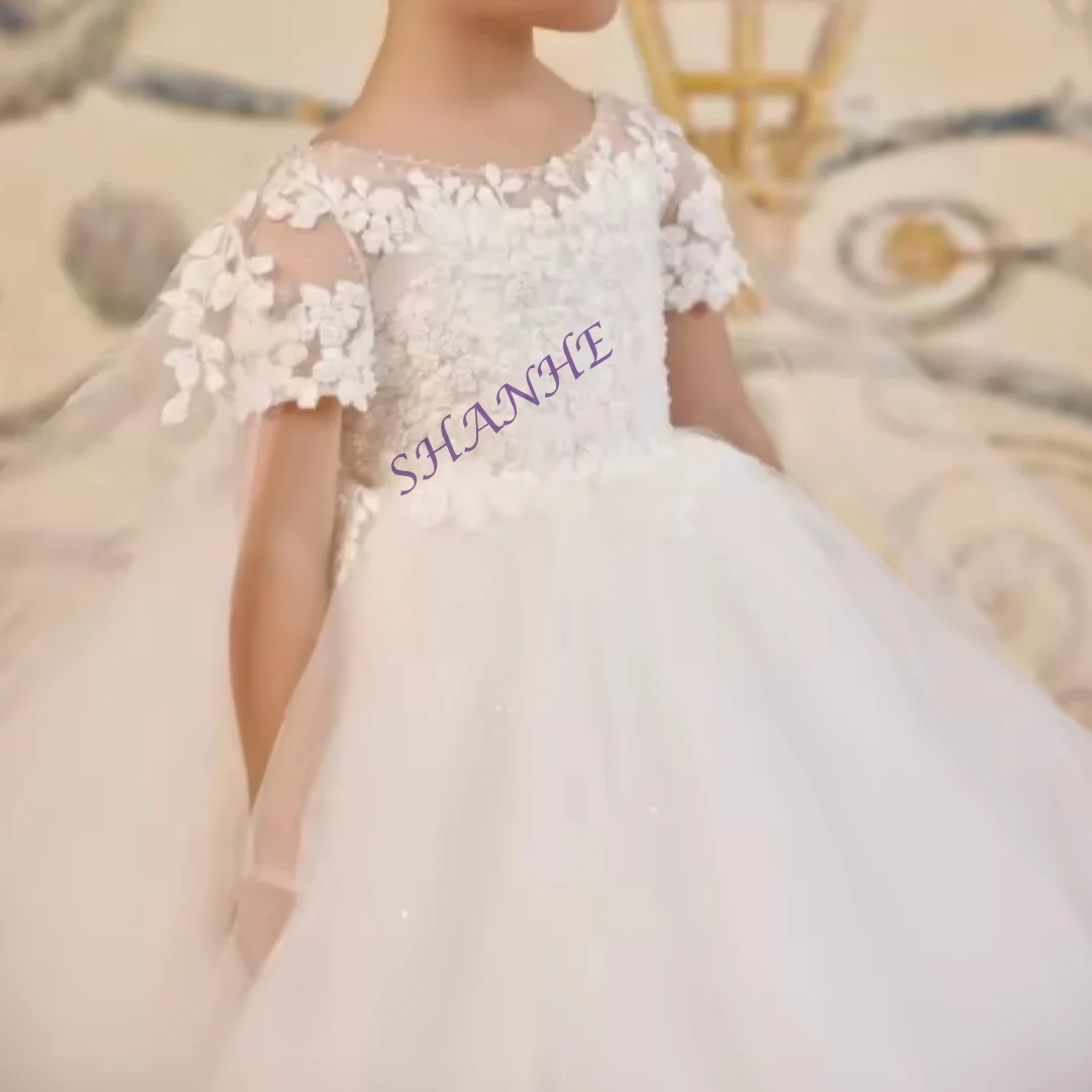 맞춤형 화이트 귀여운 볼 가운 플라워 걸 드레스 웨딩용 레이스 랩 첫 성찬식 드레스 튤 베이비 걸 생일 파티용