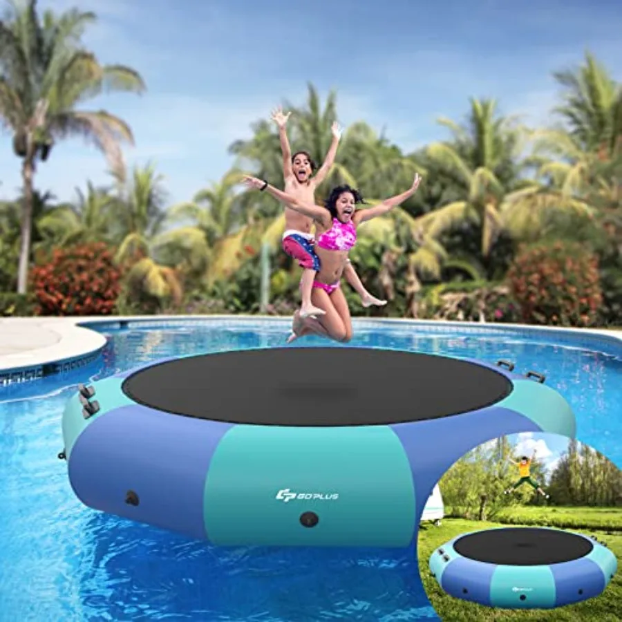 Trampolim Aquático Inflável 10FT 12FT 15FT Bouncer Aquático Recreativo com Inflador Elétrico, Escada de Corda, Cordas de Ancoragem