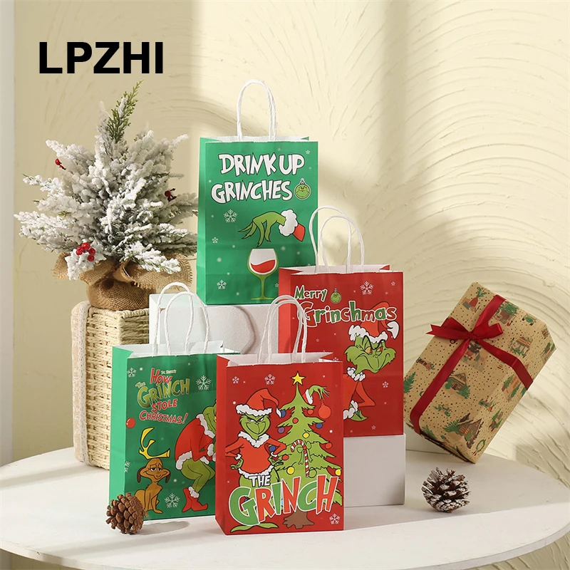 LPZHI 12Pcs Red/Green Christmas Gift Paper Bags With Handle New Year Party For Cookies Toy Chocolate Candy Packaging Decoration