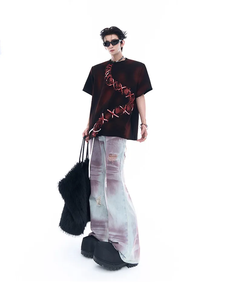 2026 Summer New Men's Dark Street Style Cool Black Red Tie-Dye Bandage Design Casual Round Neck Short Sleeve T-Shirt