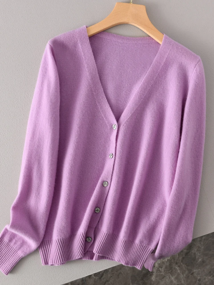 

Autumn Winter Women 100% Merino Wool Knitwear Cardigan Sweater V-neck Cashmere Sweater Soft Basic Long Sleeve Tops