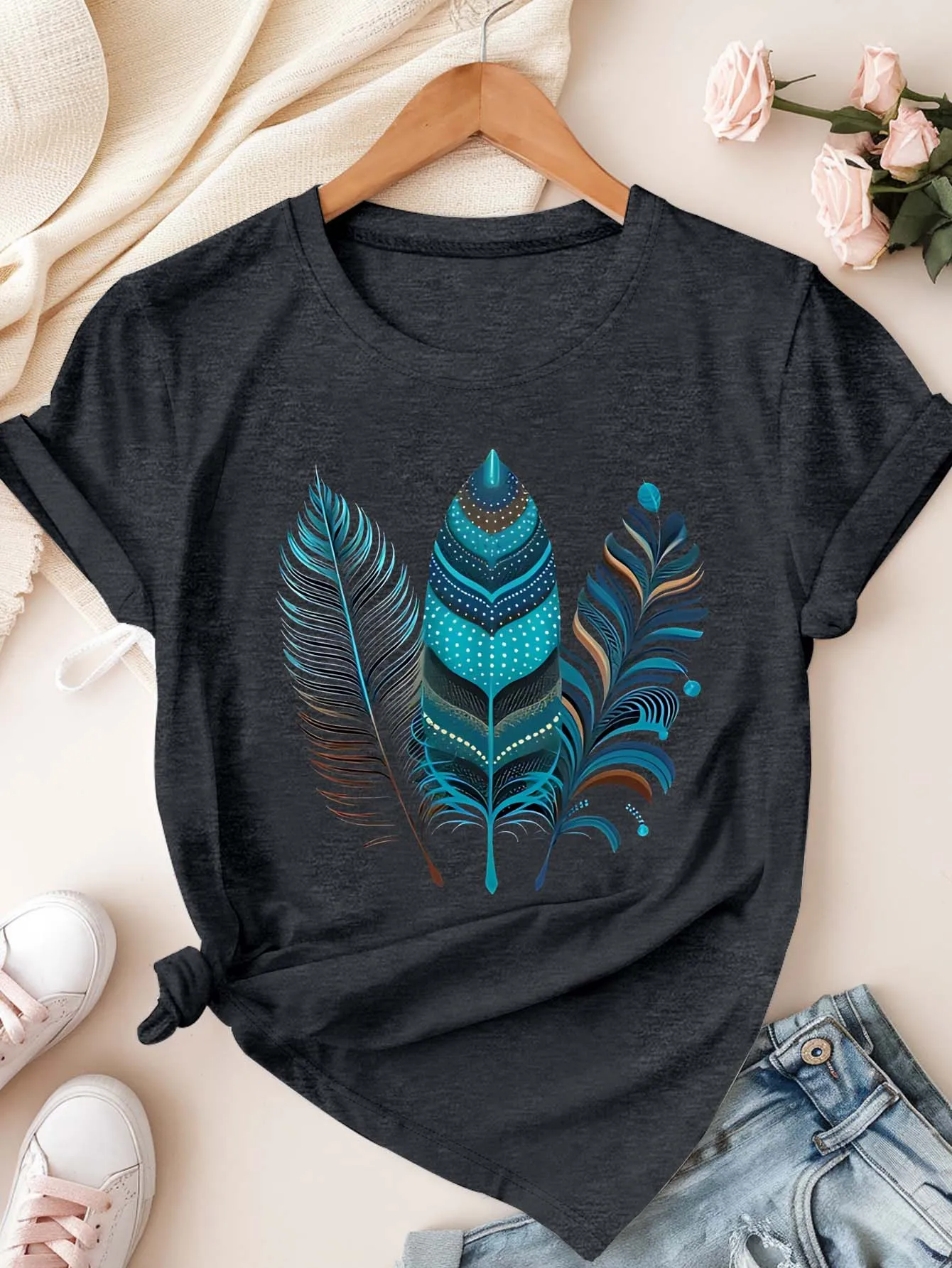 

Plus - Size Women's Short - Sleeve T - shirt, Colorful Feather Print, Bohemian & Comfortable
