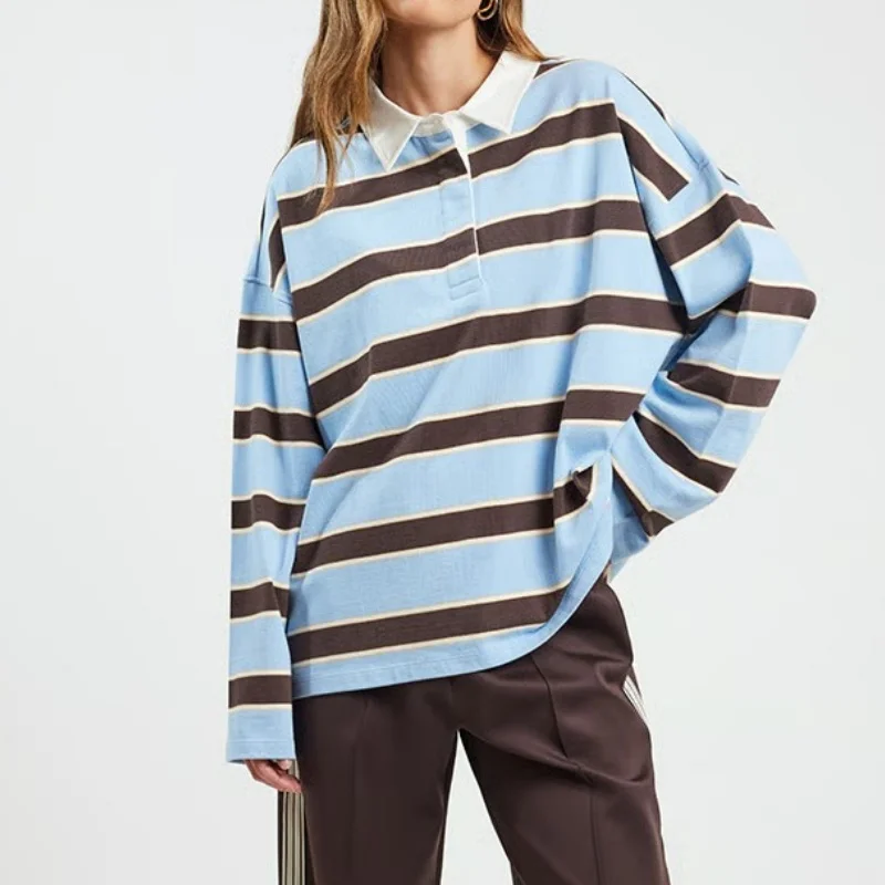 المرأة مخطط الرجبي Pol o قميص المتضخم خمر كم طويل البلوز قمم بلوزات Preppy