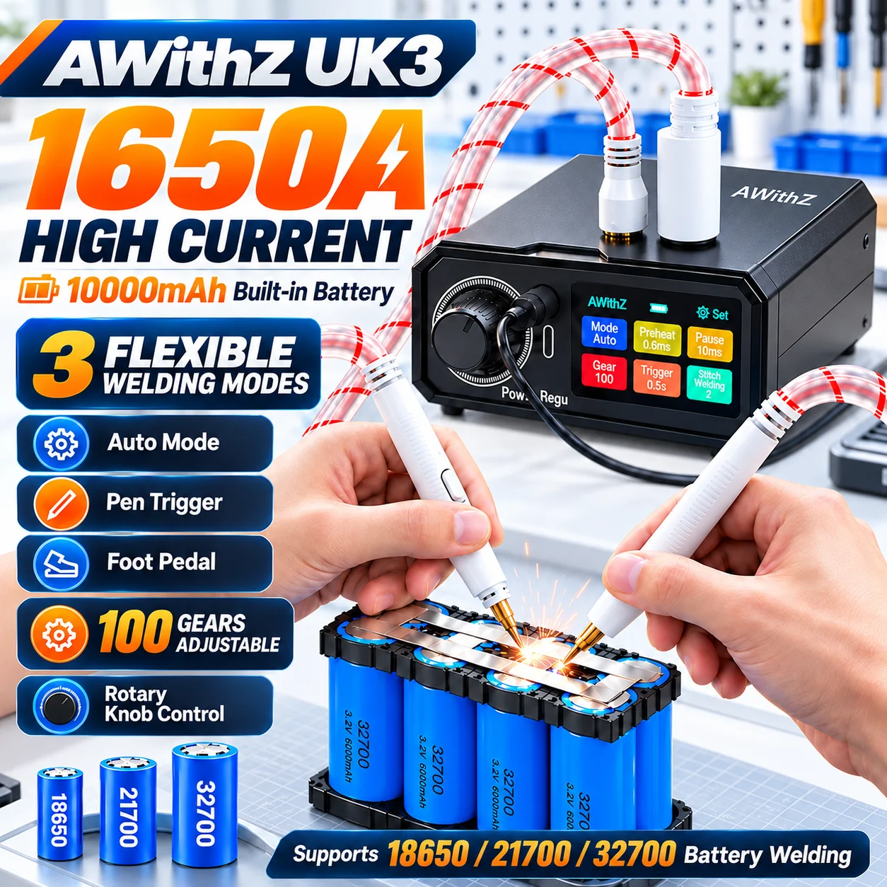 Awithz UK3 Portable Battery Spot Welder DIY Mini Welding Machine 18650 Lithium Battery Pack Welding Tool 10000mah Weldable 0.7mm