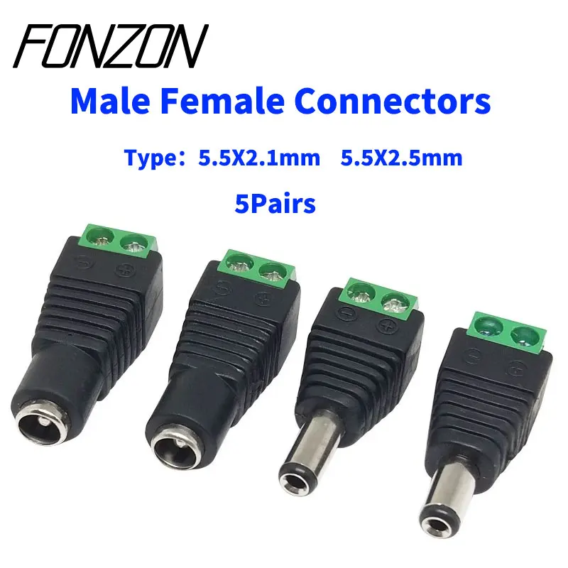 Conjunto com 5 Conectores DC 12V Macho e Fêmea 2.1/2.5x5.5mm, Adaptador de Plugue de Energia para Fita LED Colorida e Câmera de Segurança CCTV