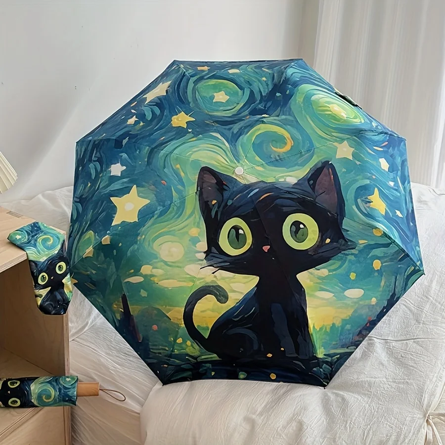 Cute Black Cat 8ribs Umbrella Van Gogh Inspired Folding Automatic Umbrellas for Women Travel Compact UV Sunshade
